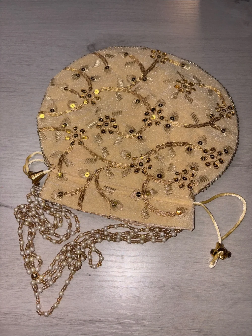 Hand made Embroidered Gold Drawstring Pouch‎